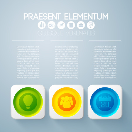 Business infographic concept with text three colorful round buttons in square frames and icons vector illustrationのイラスト素材