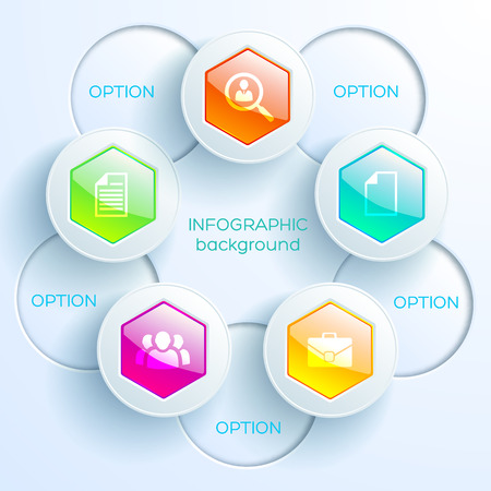 Abstract diagram infographic concept with colorful glossy hexagons light circles and icons vector illustrationのイラスト素材