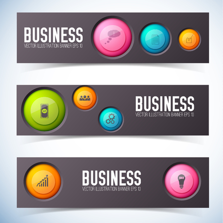 Infographic teamwork design concept with three horizontal banners set with images of cumbersome circle buttons pictograms vector illustrationのイラスト素材