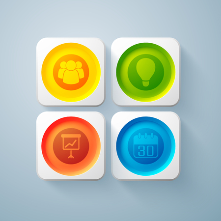 Web abstract business elements with colorful round buttons in square frames and icons isolated vector illustrationのイラスト素材