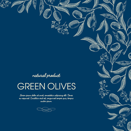 Abstract olive oil template with natural tree branches in vintage style on blue background vector illustrationのイラスト素材