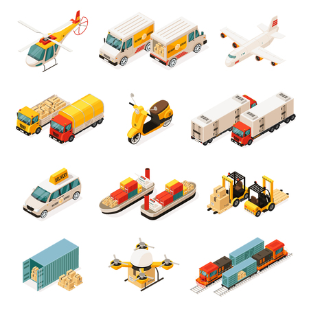 Isometric transportation elements set with cars helicopter trucks airplane scooter ships forklifts container drone train isolated vector illustrationのイラスト素材