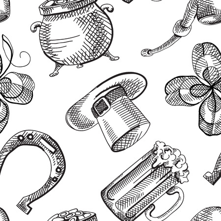Abstract St Patricks Day seamless pattern with sketch traditional symbols and elements on white background vector illustrationのイラスト素材