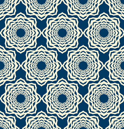 Lace seamless pattern with mosaic ornament composed of repeating symmetry white elements on blue background flat vector Illustration.のイラスト素材