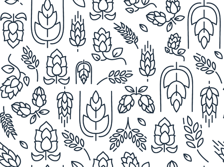 Twigs hop seamless pattern with repeating images of malt and leaves hand drawing on the white background vector illustration