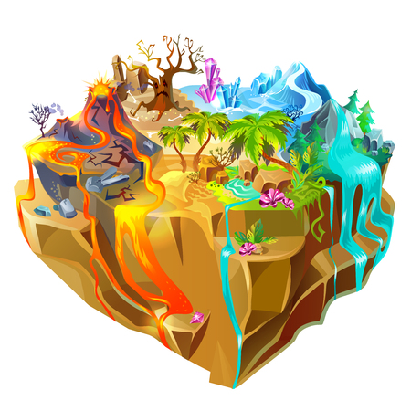 Isometric colorful game island background with volcano forest palms waterfall ice mountains flowers crystals dry tree isolated vector illustrationのイラスト素材