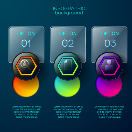 Infographic business concept with three rectangular glossy option fields with place for editable text and colorful pictograms vector illustrationのイラスト素材