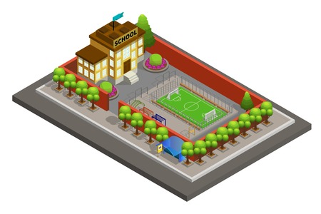 Isometric city school building template with soccer field  vector illustration.のイラスト素材