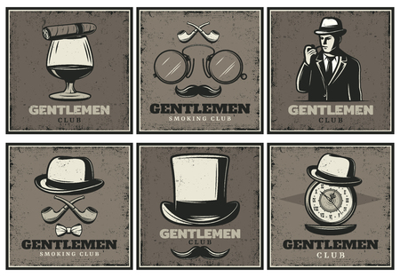 Vintage gentleman club brochures with man, whiskey, cigar, glasses and more. isolated vector illustration.のイラスト素材