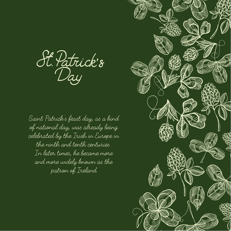 Colourful decorative design sketch postcard hand drawn with lettering about st. patricks day on the right with hop twigs, clover and berries vector illustrationのイラスト素材