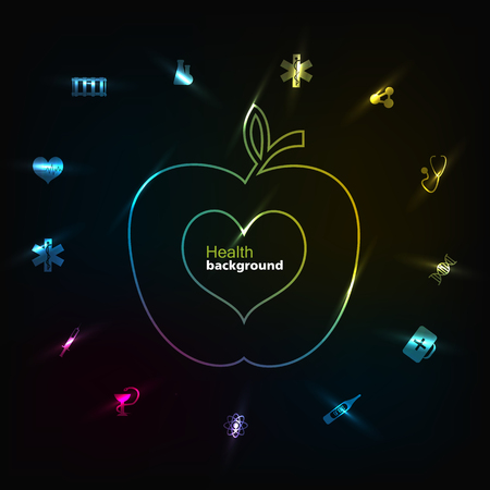 Medicine black background with health medical symbols apple and heart flat vector illustrationのイラスト素材
