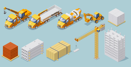 Isometric industrial construction collection with building materials crane concrete mixer heavy cargo trucks  excavator isolated vector illustrationのイラスト素材
