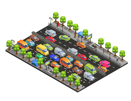 Isometric traffic jam concept with different cars on road trees and walking people isolated vector illustrationのイラスト素材