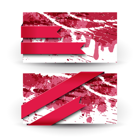 Two horizontal vine paints banner set with splash and ribbons in different shapes vector illustrationのイラスト素材