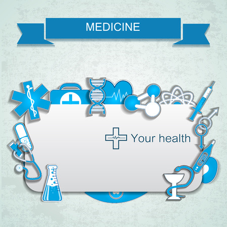Blue textured medicine background with text field and medical and chemical instruments and symbols flat vector illustrationのイラスト素材