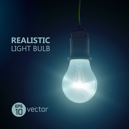 Square background with realistic luminant lens end lamp hanging on wire shining in a dark room with editabe title vector illustrationのイラスト素材