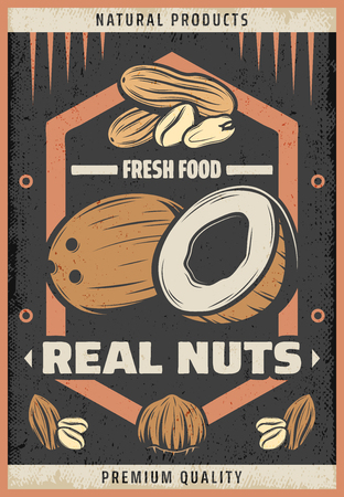 Vintage colored natural fresh nuts poster with inscription coconut peanut almond and hazelnut vector illustrationのイラスト素材