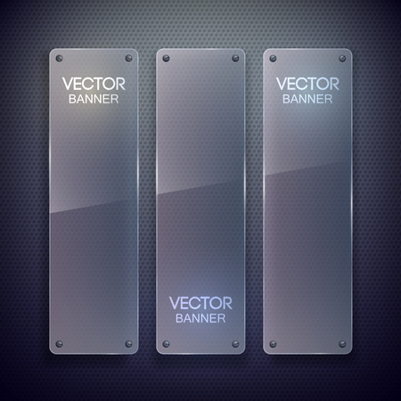 Web blank vertical banners with glass surface attached to dark grid background isolated vector illustrationのイラスト素材