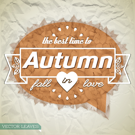 Abstract floral autumn template with inscription and leaves in speech bubble shape on crumpled paper background vector illustrationのイラスト素材