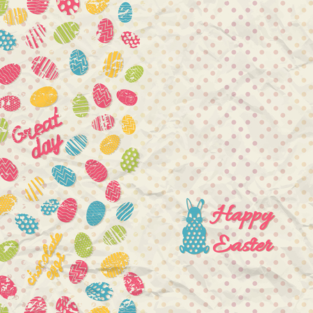 Creased paper polka dot happy easter background with multicolored eggs and small rabbit flat vector illustrationのイラスト素材