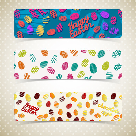 Horizontal colorful easter eggs banners set isolated on light grey patterned polka dot background flat vector illustrationのイラスト素材