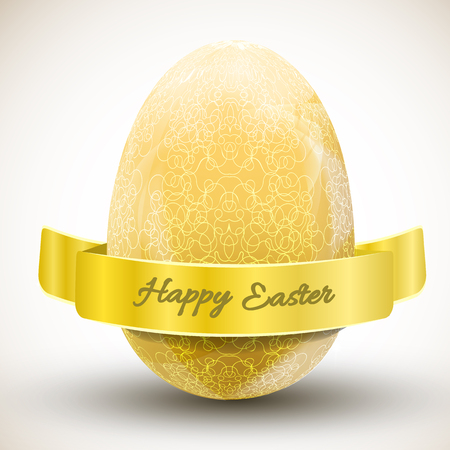 Big golden ornamental happy easter egg with ribbon realistic vector illustrationのイラスト素材