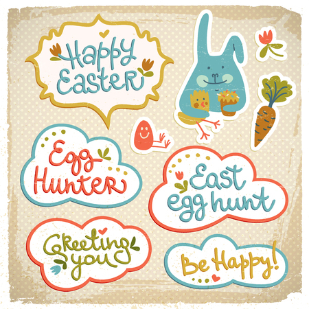 Happy easter cutout doodle decorative elements on fabric background with funny bunny and be happy greeting vector illustrationのイラスト素材