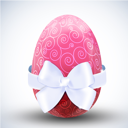 Patterned pink egg with silken ribbon bow on a light backgroundのイラスト素材