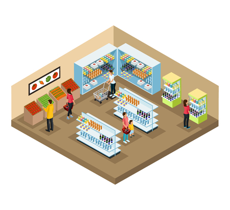 Isometric supermarket interior concept with people choosing different products in grocery shop vector illustrationのイラスト素材