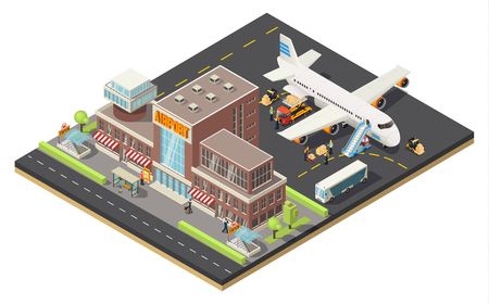Isometric air logistics concept with workers loading cargo on big plane at airport isolated vector illustrationのイラスト素材