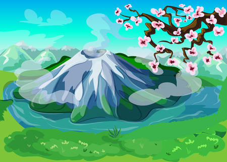 Picturesque japanese nature landscape background with beautiful mountains volcanoes and sakura tree branch vector illustrationのイラスト素材