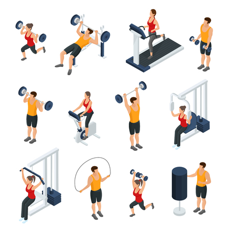 Isometric people in gym collection with men and women doing different physical exercises isolated vector illustrationのイラスト素材