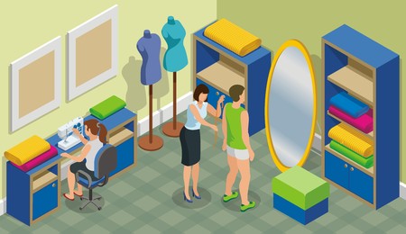 Isometric fashion atelier template with tailor taking measurements from client and woman sewing at table vector illustrationのイラスト素材
