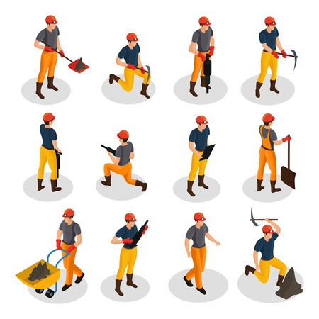 Isometric mining characters set wearing uniform and working with mining equipment and manual labor tools isolated vector illustrationのイラスト素材