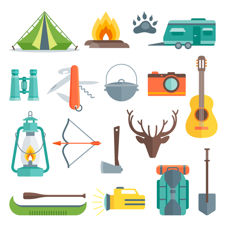 Camping decorative flat icons set with tent bonfire flashlight backpack shovel guitar antlers boat isolated vector illustrationのイラスト素材
