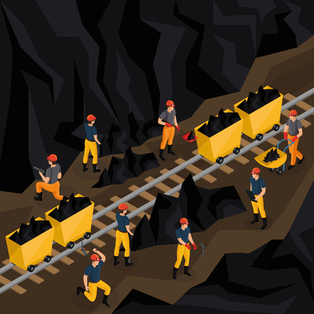 Isometric coal industry concept with miners in uniform working in mine and using manual labour tools vector illustrationのイラスト素材