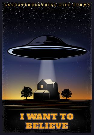 Vintage colored UFO Template with extraterrestrial spaceship abducting human from house vector illustrationのイラスト素材