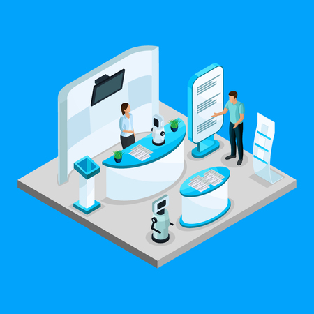 Isometric robotics exhibition template with company advertising robots using promotional stands isolated vector illustrationのイラスト素材