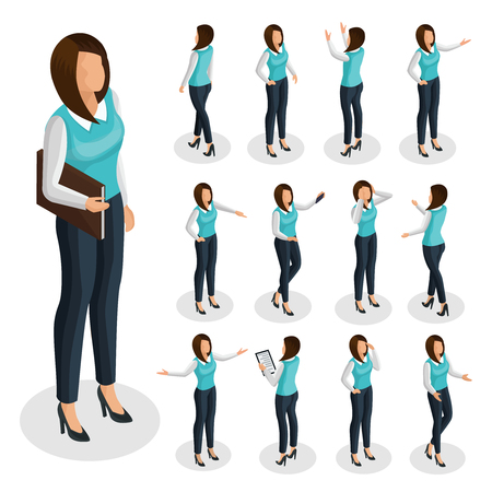 Isometric business woman set with businesswoman wearing office clothes and standing in different poses isolated vector illustrationのイラスト素材