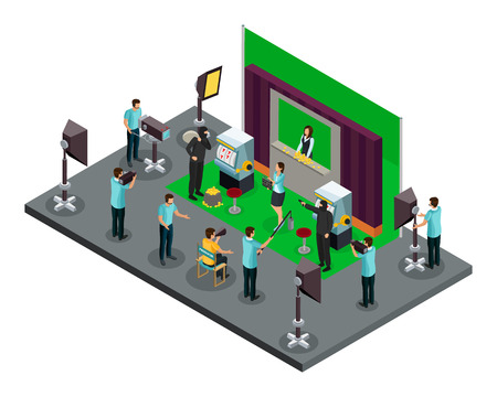 Isometric filming process concept with director operators illuminators and actors making robbery scene of movie vector illustration