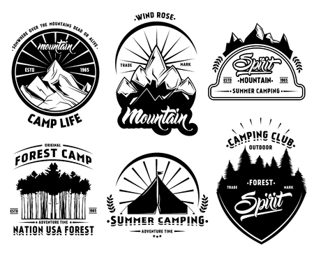 Outdoor camping labels set with mountains forest and tent in vintage style isolated vector illustrationのイラスト素材