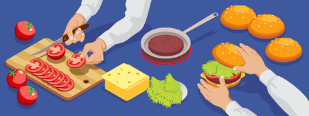 Isometric hamburger making concept vector illustrationのイラスト素材