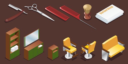 Isometric barber shop elements set with razor combs scissors shaving brush towel and interior furniture isolated vector illustration のイラスト素材