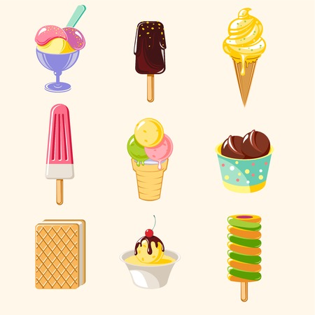 Cartoon colorful tasty ice creams set with different flavors sundae and popsicle isolated vector illustrationのイラスト素材