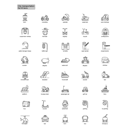 Outline transportation icons set with water air ground transport and vehicles isolated vector illustrationのイラスト素材