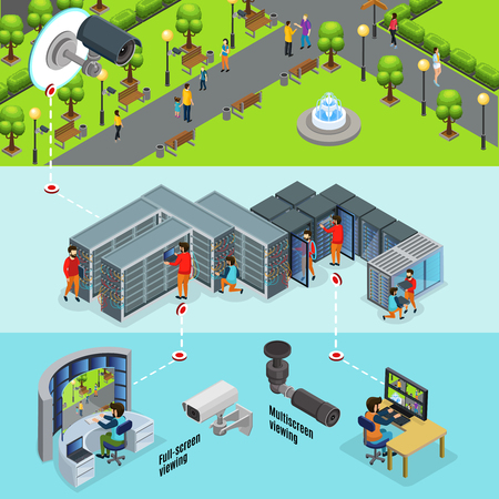 Isometric outdoor surveillance system horizontal banners with cctv camera in park transmits signal to datacenter and screens vector illustrationのイラスト素材