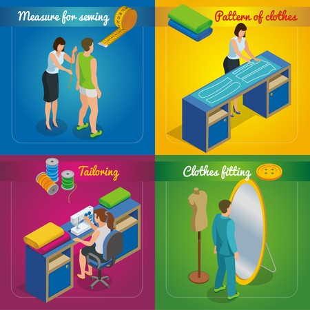 Isometric tailor shop concept with woman taking measurements from client pattern of clothes sewing process garment fitting vector illustrationのイラスト素材