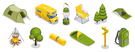 Isometric camping elements set with tent travel bus lantern chair trees map food cooking sleeping bag signboard backpack isolated vector illustration のイラスト素材