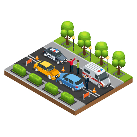 Isometric car accident concept with automobile crash arguing drivers police and ambulance vehicles on road isolated vector illustration