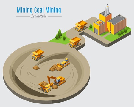 Isometric coal mining concept with factory and dump trucks bulldozer excavator working in quarry isolated vector illustrationのイラスト素材